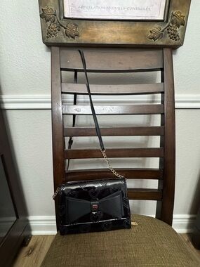 Black Heart-Embellished Crossbody Bag with Bow Accent